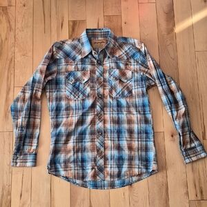 Wrangler Women's Size XL Blue and Brown Plaid Snap Up Shirt